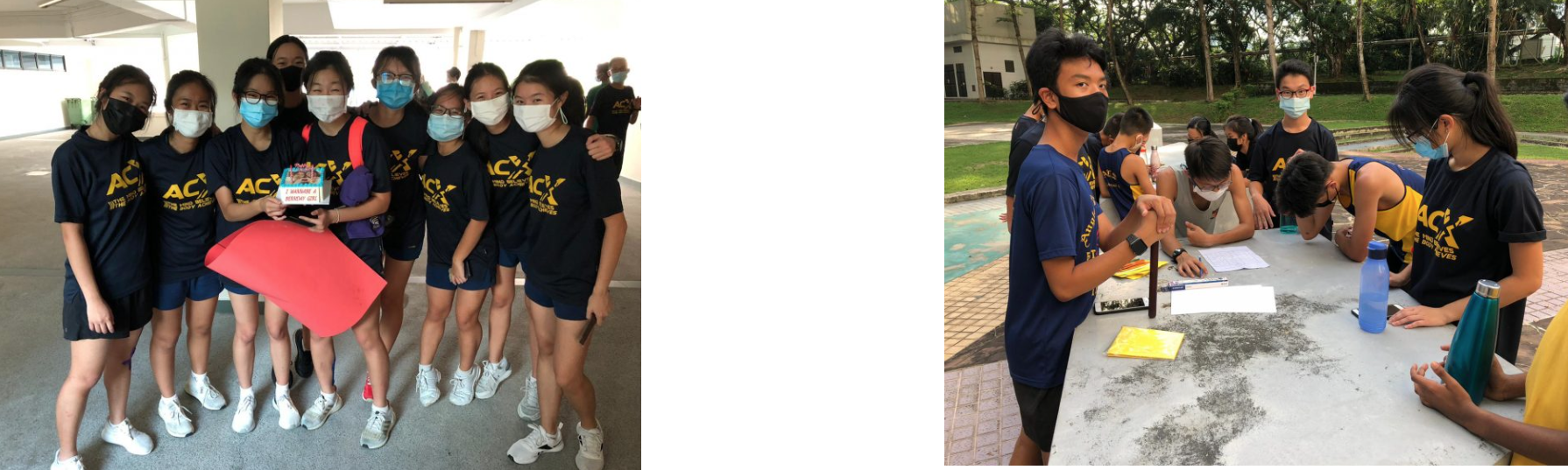 Two photos of masked students in navy ACK shirts: one group posing, another gathered around an outdoor table reviewing papers.